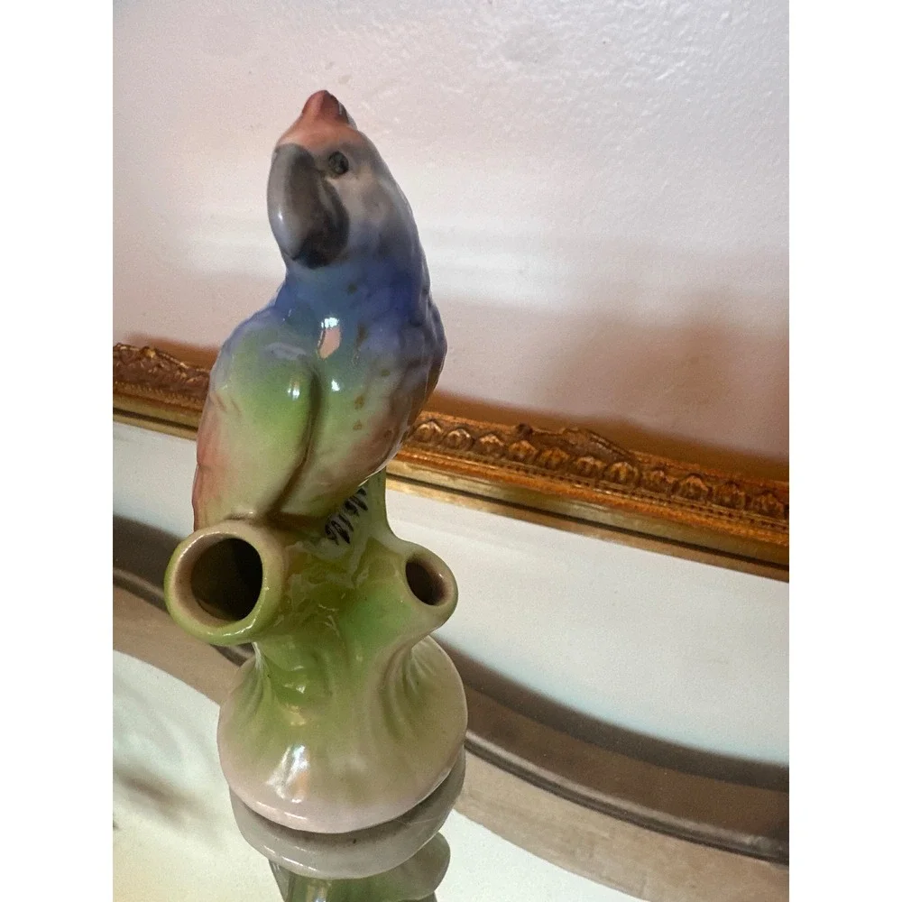 Vintage Art Deco Czechoslovakian Ceramic Parrot Bud Vase Tree Stump Flower Frog